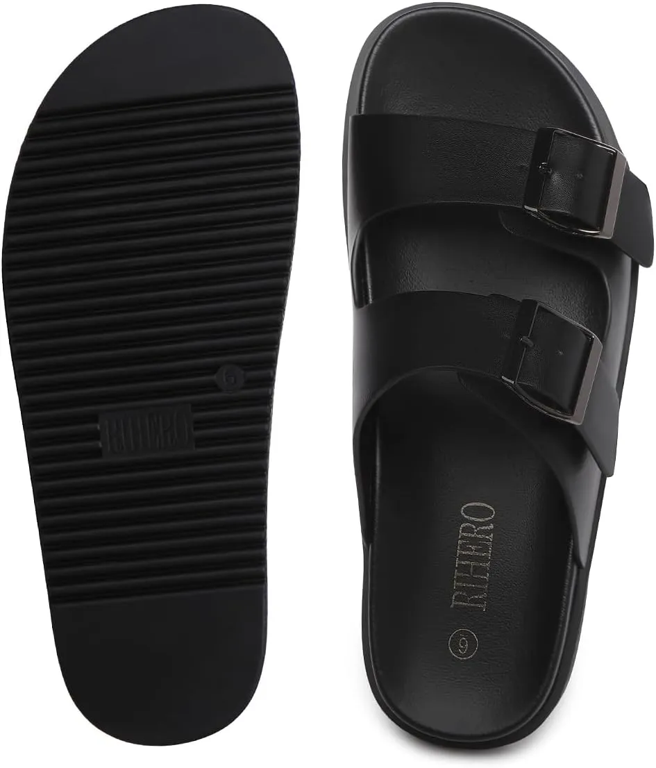 Rihero Women's Flat Sandals Comfort Adjustable Double Strap Slip on Leather Footbed Sandals
