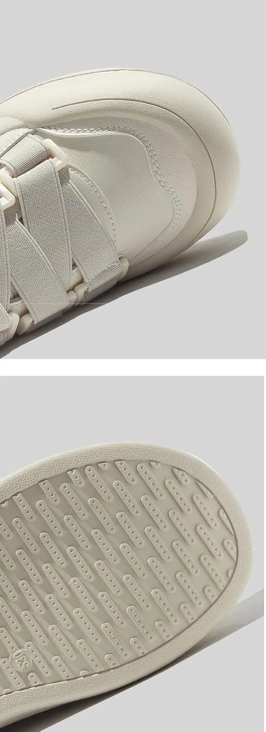 Round-Toe Hook & Loop Bread Chunky Sneakers for Women & Girls - Y2K Retro Cute Kawaii Shoes, Comfy Thick Sole White Casual Trainers for Campus Life, Beach Travel, Back to School, Minimalist Streetwear