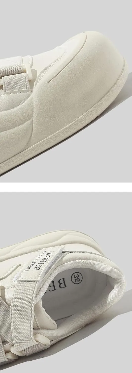 Round-Toe Hook & Loop Bread Chunky Sneakers for Women & Girls - Y2K Retro Cute Kawaii Shoes, Comfy Thick Sole White Casual Trainers for Campus Life, Beach Travel, Back to School, Minimalist Streetwear