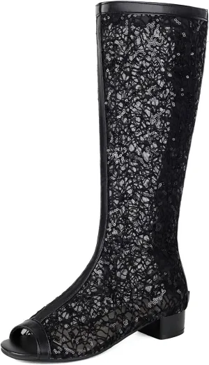 SACFOF Women's Chunky Block Heel Open Toe Sandals Mesh Gladiator Flat Boots Back Zipper Low Heel Knee High Booties