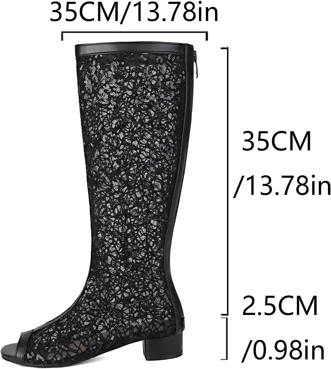 SACFOF Women's Chunky Block Heel Open Toe Sandals Mesh Gladiator Flat Boots Back Zipper Low Heel Knee High Booties