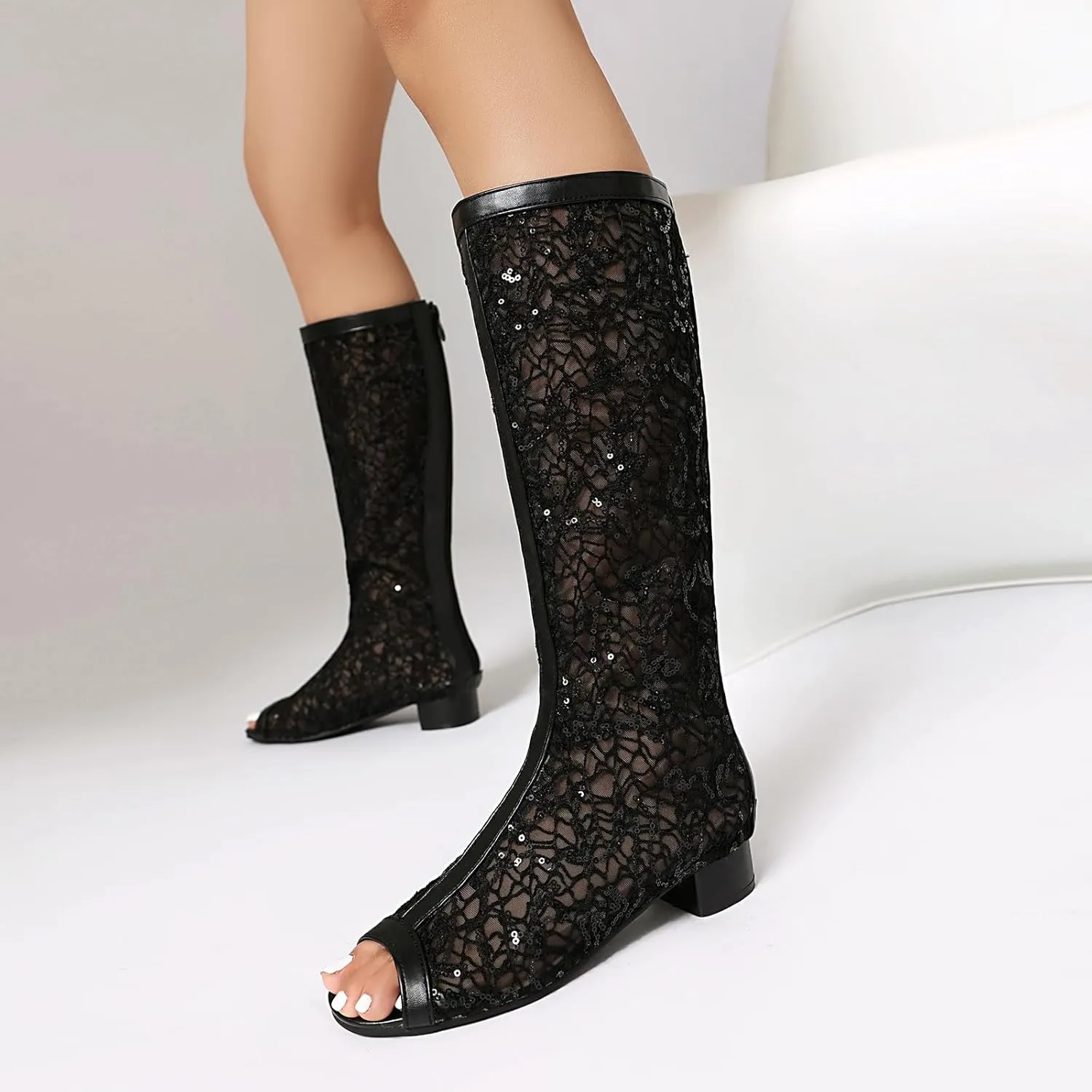 SACFOF Women's Chunky Block Heel Open Toe Sandals Mesh Gladiator Flat Boots Back Zipper Low Heel Knee High Booties