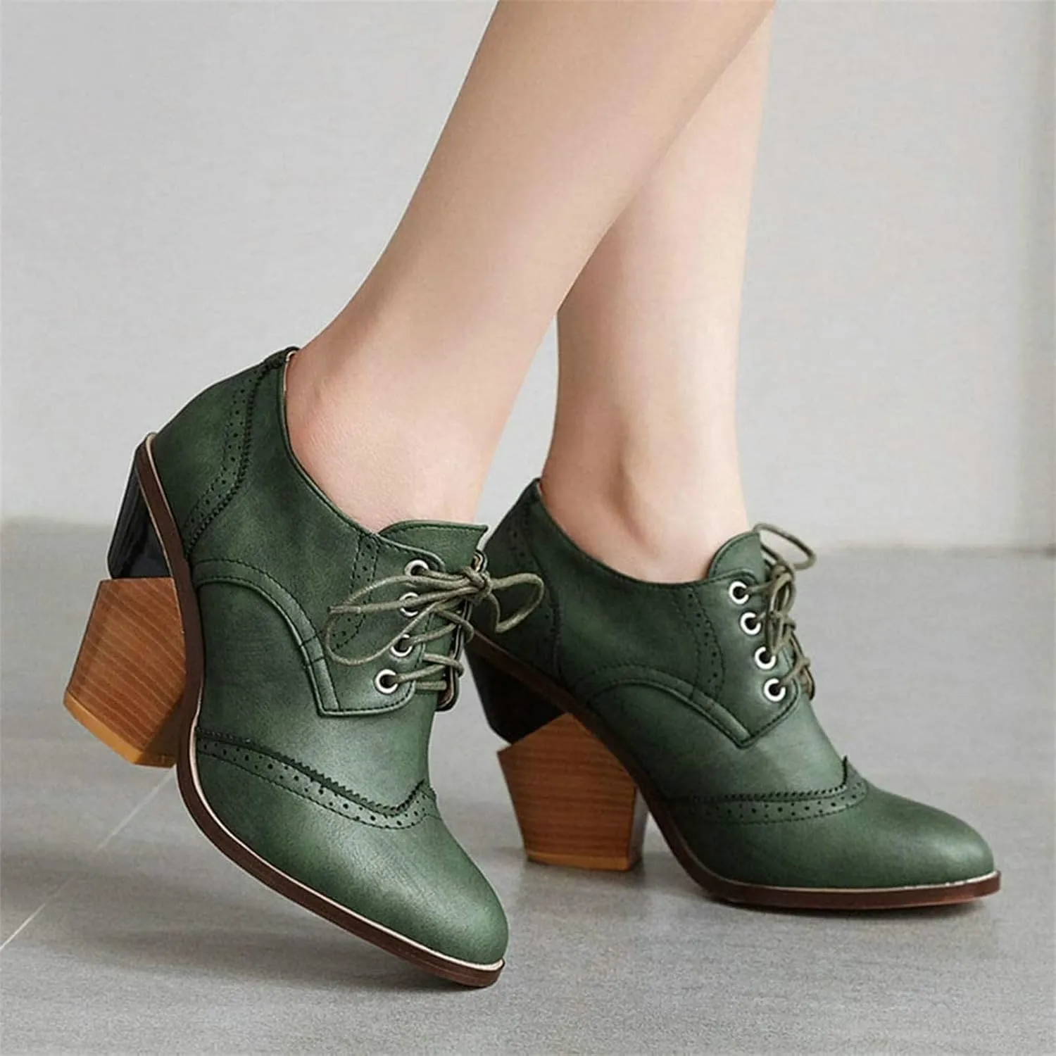 SACFOF Women's Chunky Mid Heel Wingtip Oxfords Round Toe Lace Up Block Heels Vintage Dress Pumps Shoes