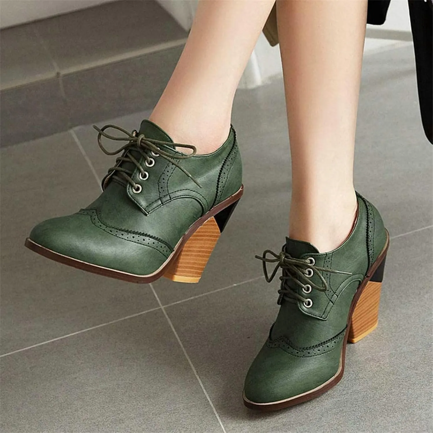 SACFOF Women's Chunky Mid Heel Wingtip Oxfords Round Toe Lace Up Block Heels Vintage Dress Pumps Shoes