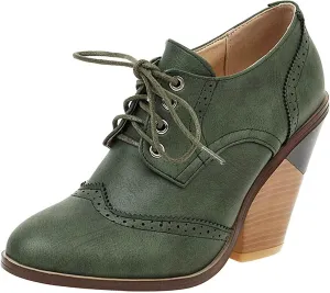 SACFOF Women's Chunky Mid Heel Wingtip Oxfords Round Toe Lace Up Block Heels Vintage Dress Pumps Shoes