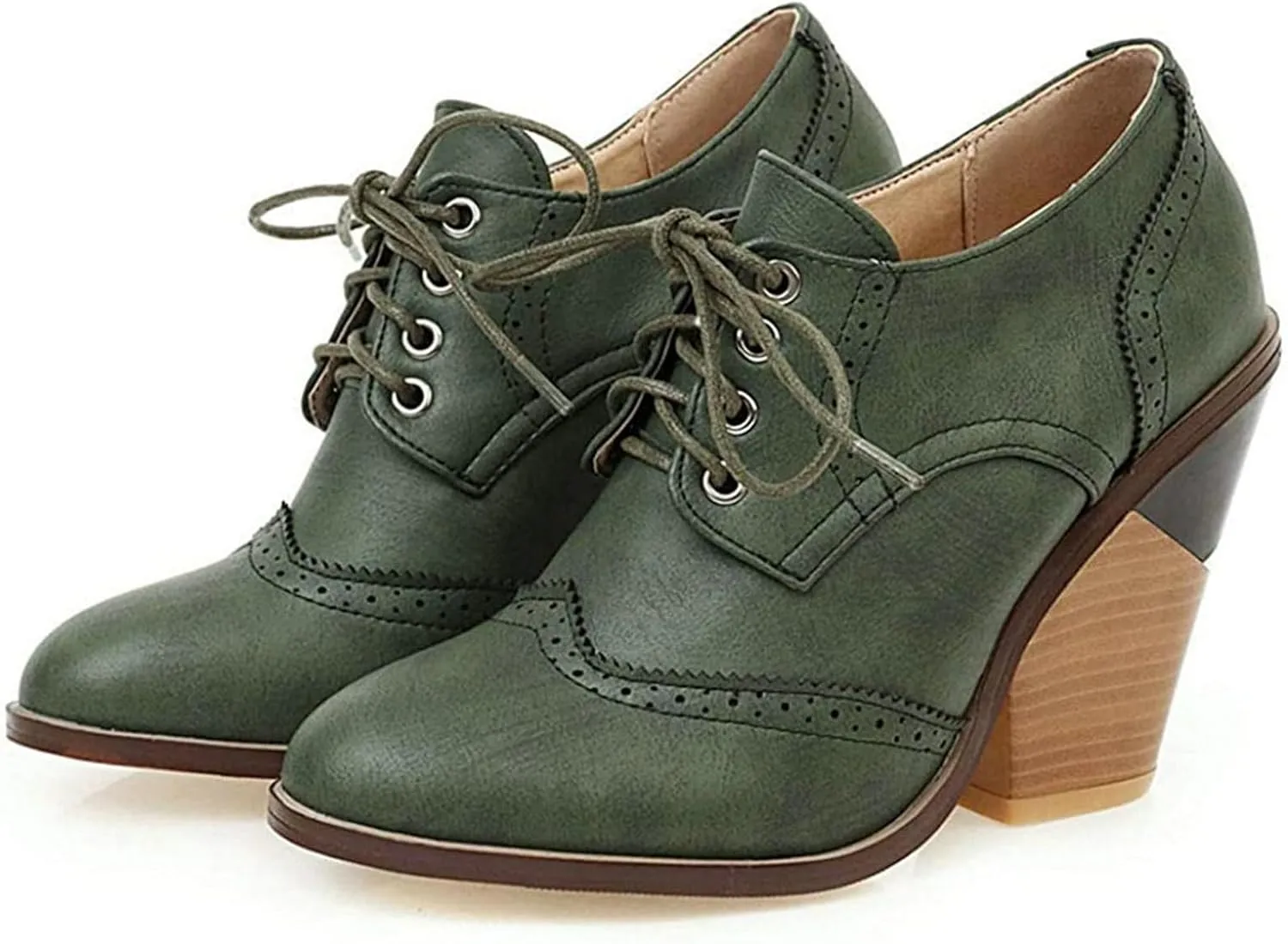 SACFOF Women's Chunky Mid Heel Wingtip Oxfords Round Toe Lace Up Block Heels Vintage Dress Pumps Shoes