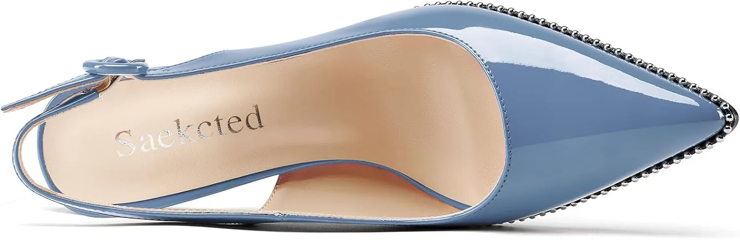 Saekcted Womens Stiletto High Heel Pointed Toe Beaded Pumps Sandals Slingback Slip-on Pearls Prom Dress Patent Leather Summer 3.5 Inches Heels
