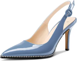 Saekcted Womens Stiletto High Heel Pointed Toe Beaded Pumps Sandals Slingback Slip-on Pearls Prom Dress Patent Leather Summer 3.5 Inches Heels