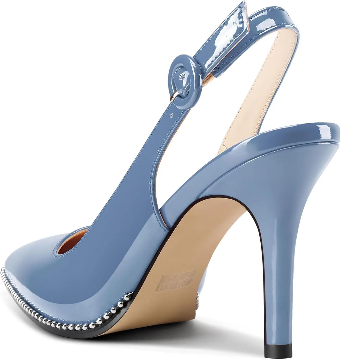Saekcted Womens Stiletto High Heel Pointed Toe Beaded Pumps Sandals Slingback Slip-on Pearls Prom Dress Patent Leather Summer 3.5 Inches Heels
