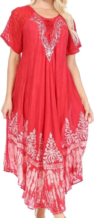 Sakkas Ronny Lace Embroidered Cap Sleeve Tie Dye Wash Caftan Dress/Cover Up