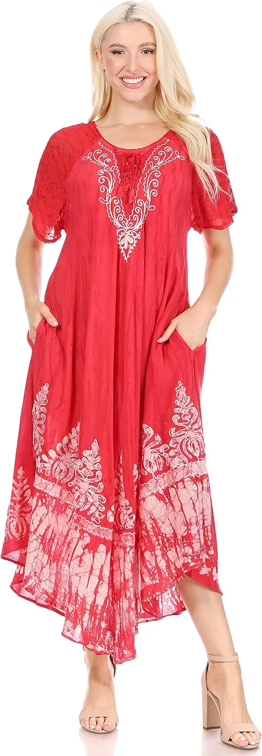 Sakkas Ronny Lace Embroidered Cap Sleeve Tie Dye Wash Caftan Dress/Cover Up