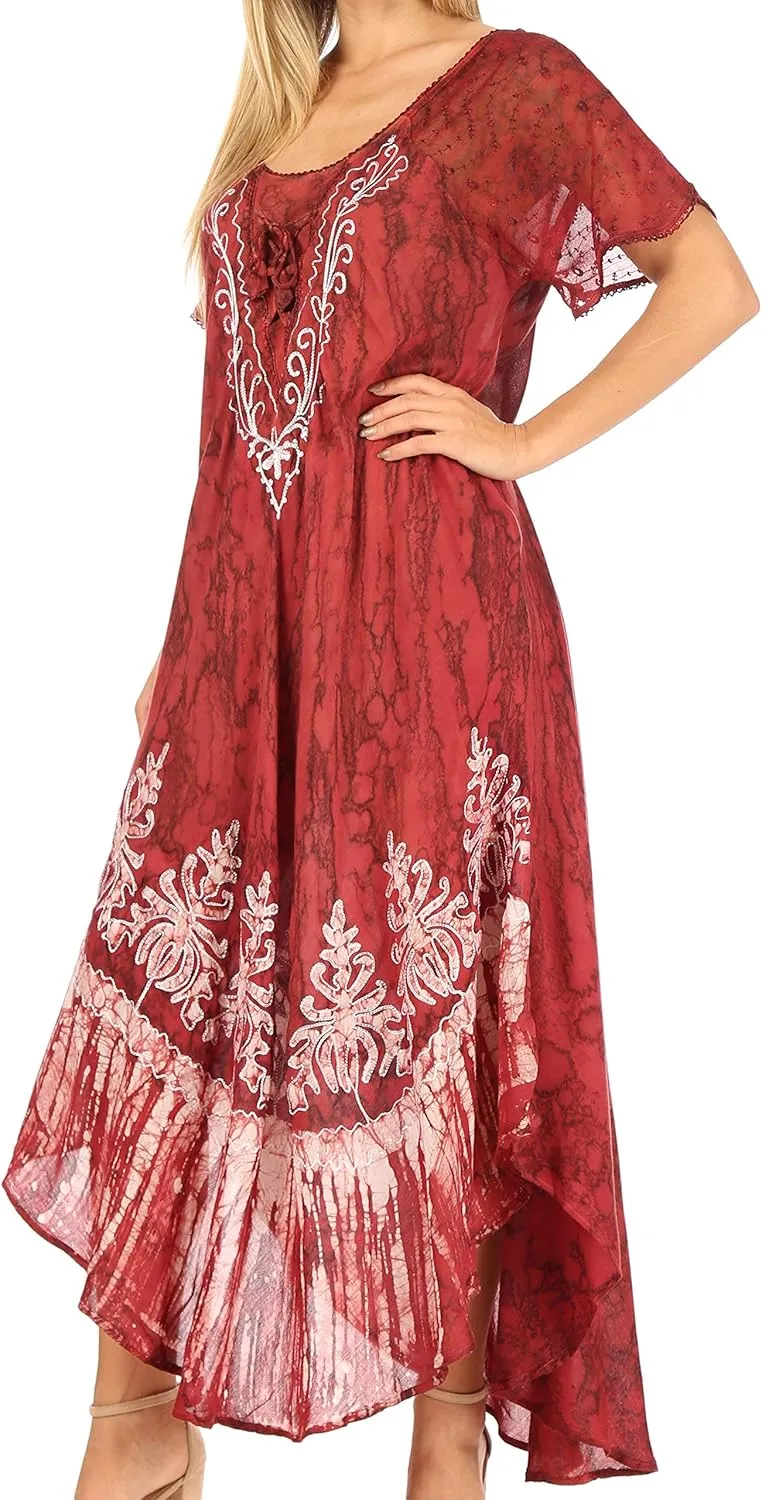 Sakkas Ronny Lace Embroidered Cap Sleeve Tie Dye Wash Caftan Dress/Cover Up
