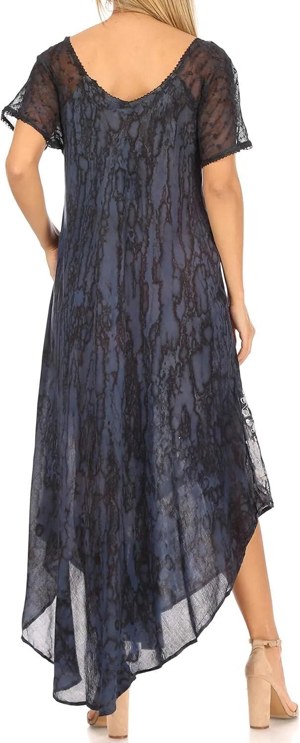 Sakkas Ronny Lace Embroidered Cap Sleeve Tie Dye Wash Caftan Dress/Cover Up