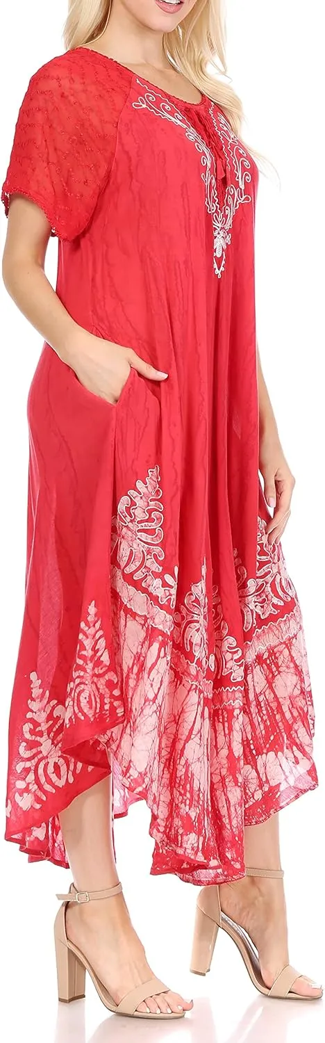 Sakkas Ronny Lace Embroidered Cap Sleeve Tie Dye Wash Caftan Dress/Cover Up