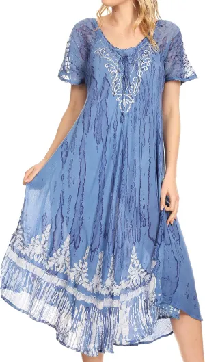 Sakkas Ronny Lace Embroidered Cap Sleeve Tie Dye Wash Caftan Dress/Cover Up