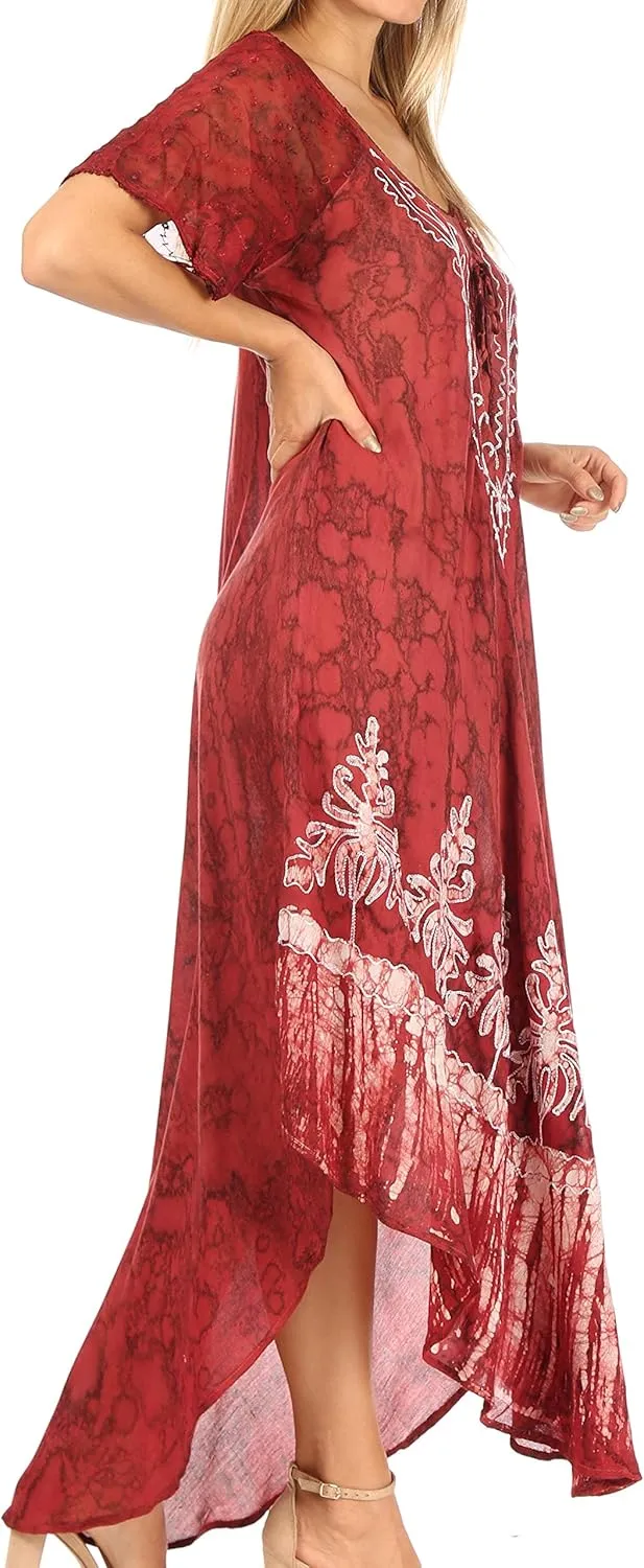 Sakkas Ronny Lace Embroidered Cap Sleeve Tie Dye Wash Caftan Dress/Cover Up