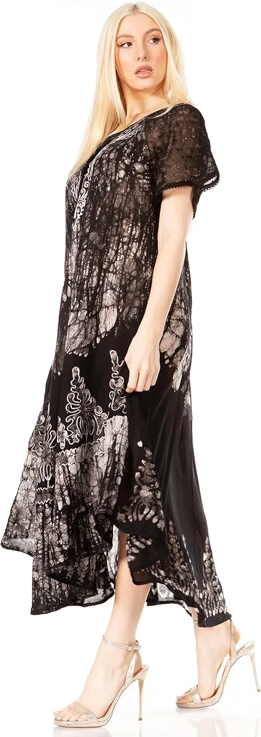 Sakkas Ronny Lace Embroidered Cap Sleeve Tie Dye Wash Caftan Dress/Cover Up