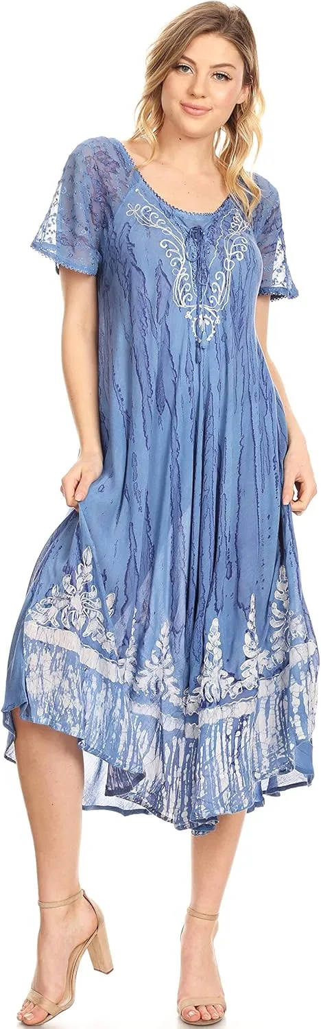 Sakkas Ronny Lace Embroidered Cap Sleeve Tie Dye Wash Caftan Dress/Cover Up