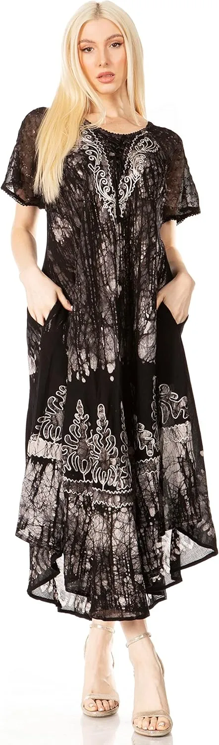 Sakkas Ronny Lace Embroidered Cap Sleeve Tie Dye Wash Caftan Dress/Cover Up