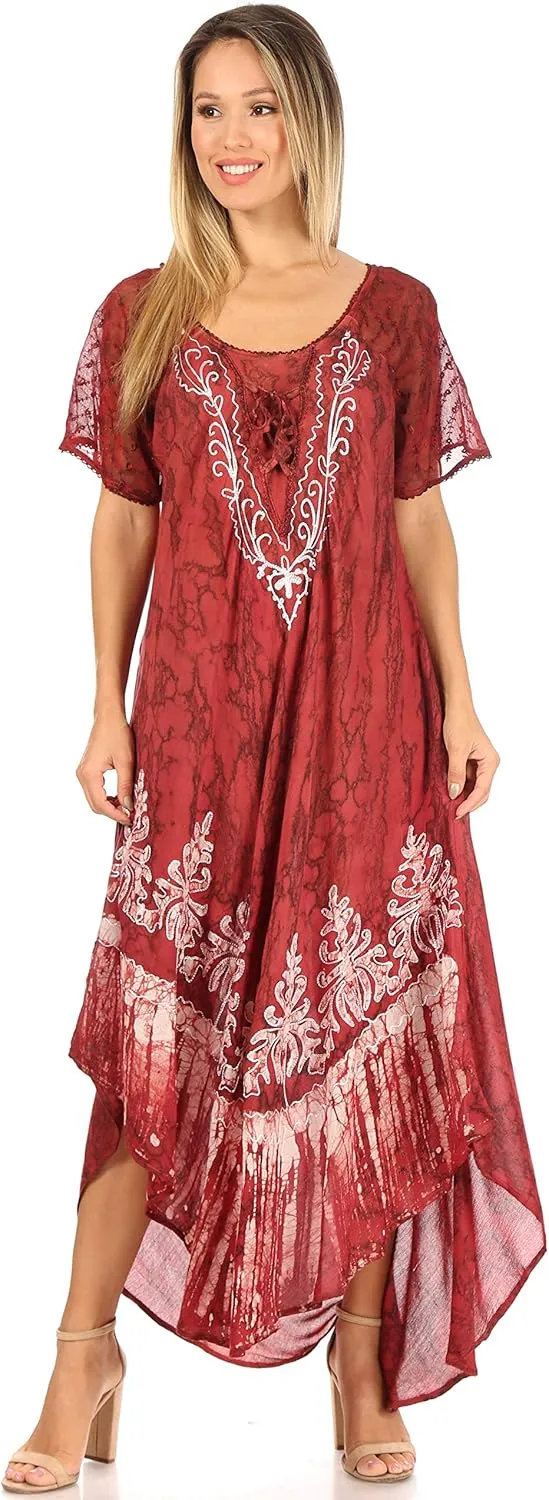 Sakkas Ronny Lace Embroidered Cap Sleeve Tie Dye Wash Caftan Dress/Cover Up