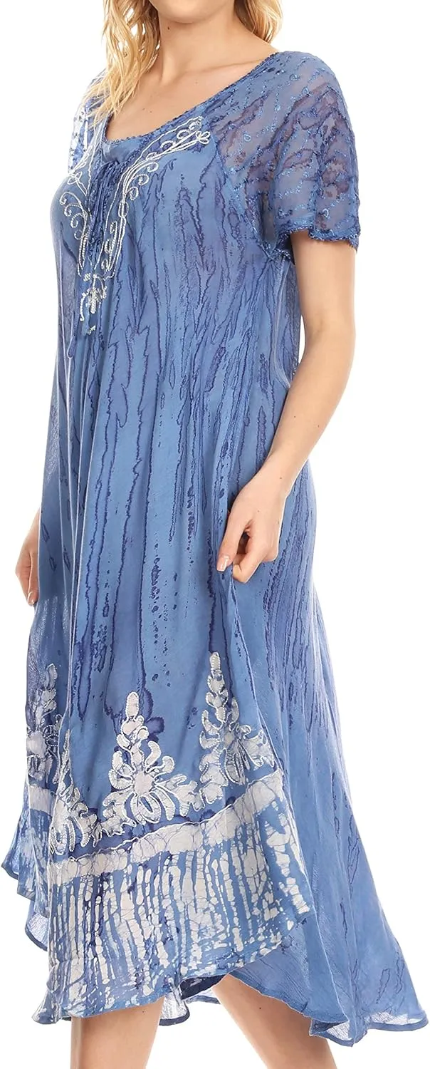 Sakkas Ronny Lace Embroidered Cap Sleeve Tie Dye Wash Caftan Dress/Cover Up