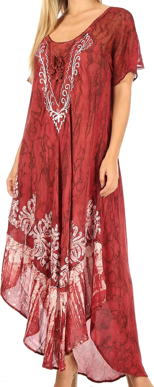 Sakkas Ronny Lace Embroidered Cap Sleeve Tie Dye Wash Caftan Dress/Cover Up