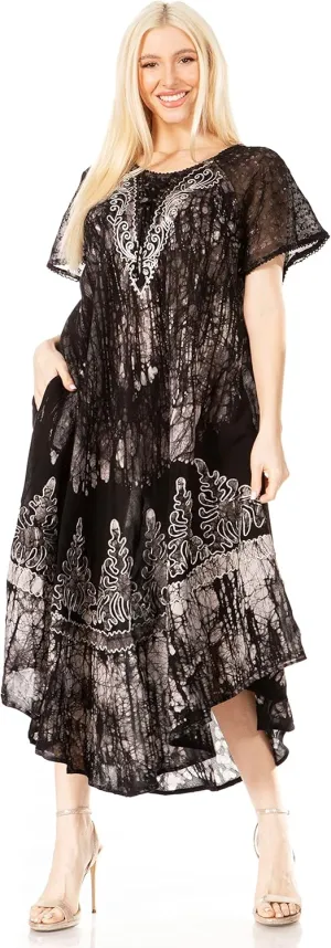 Sakkas Ronny Lace Embroidered Cap Sleeve Tie Dye Wash Caftan Dress/Cover Up
