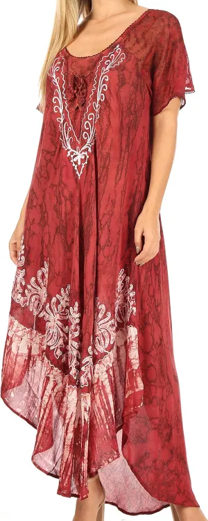 Sakkas Ronny Lace Embroidered Cap Sleeve Tie Dye Wash Caftan Dress/Cover Up