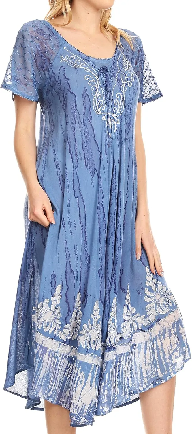 Sakkas Ronny Lace Embroidered Cap Sleeve Tie Dye Wash Caftan Dress/Cover Up