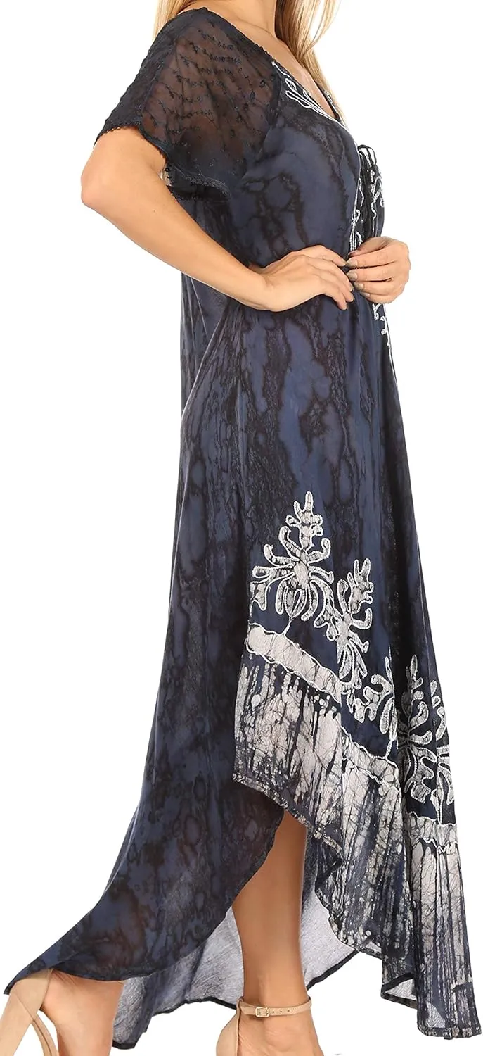 Sakkas Ronny Lace Embroidered Cap Sleeve Tie Dye Wash Caftan Dress/Cover Up