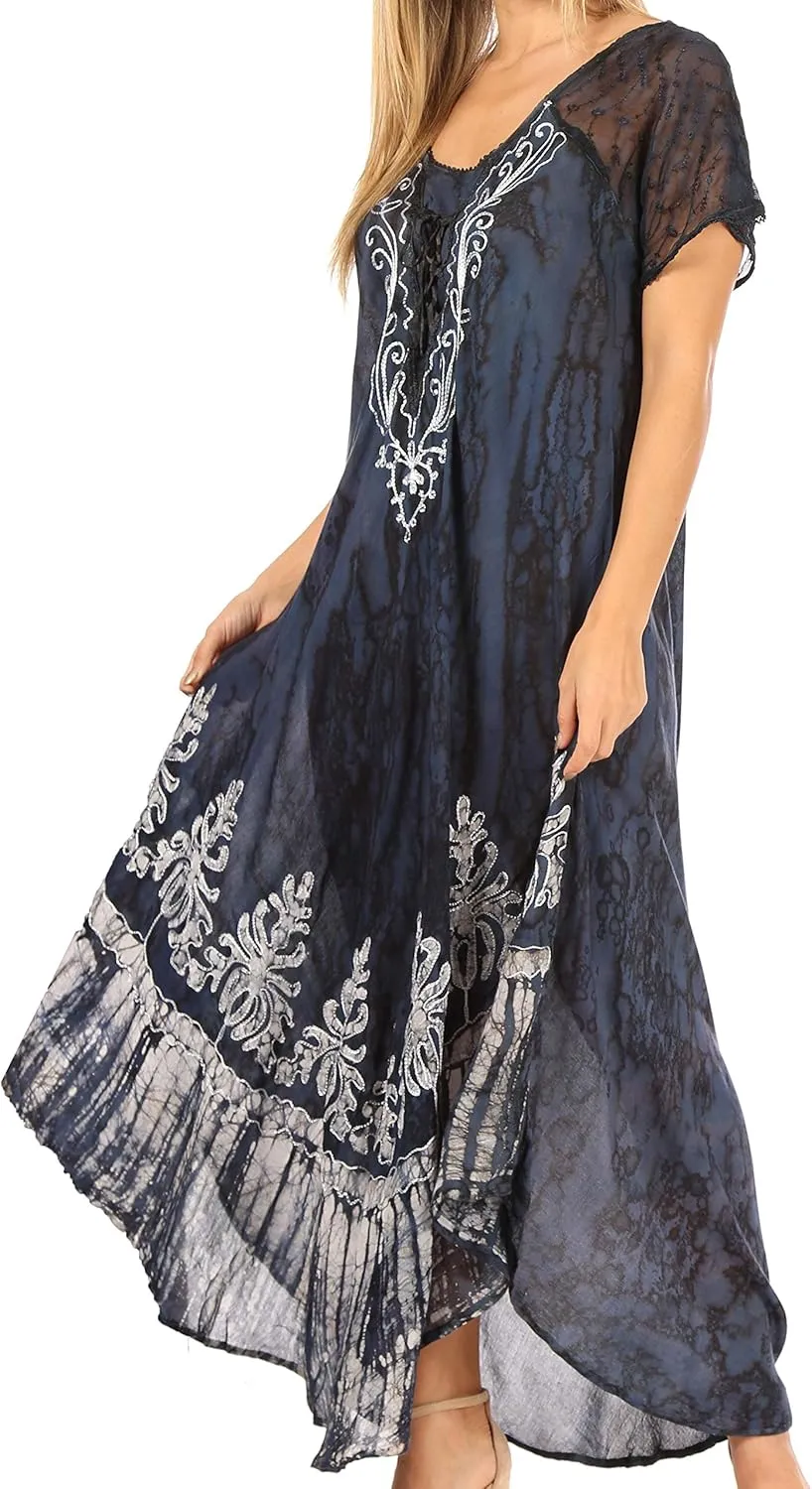 Sakkas Ronny Lace Embroidered Cap Sleeve Tie Dye Wash Caftan Dress/Cover Up