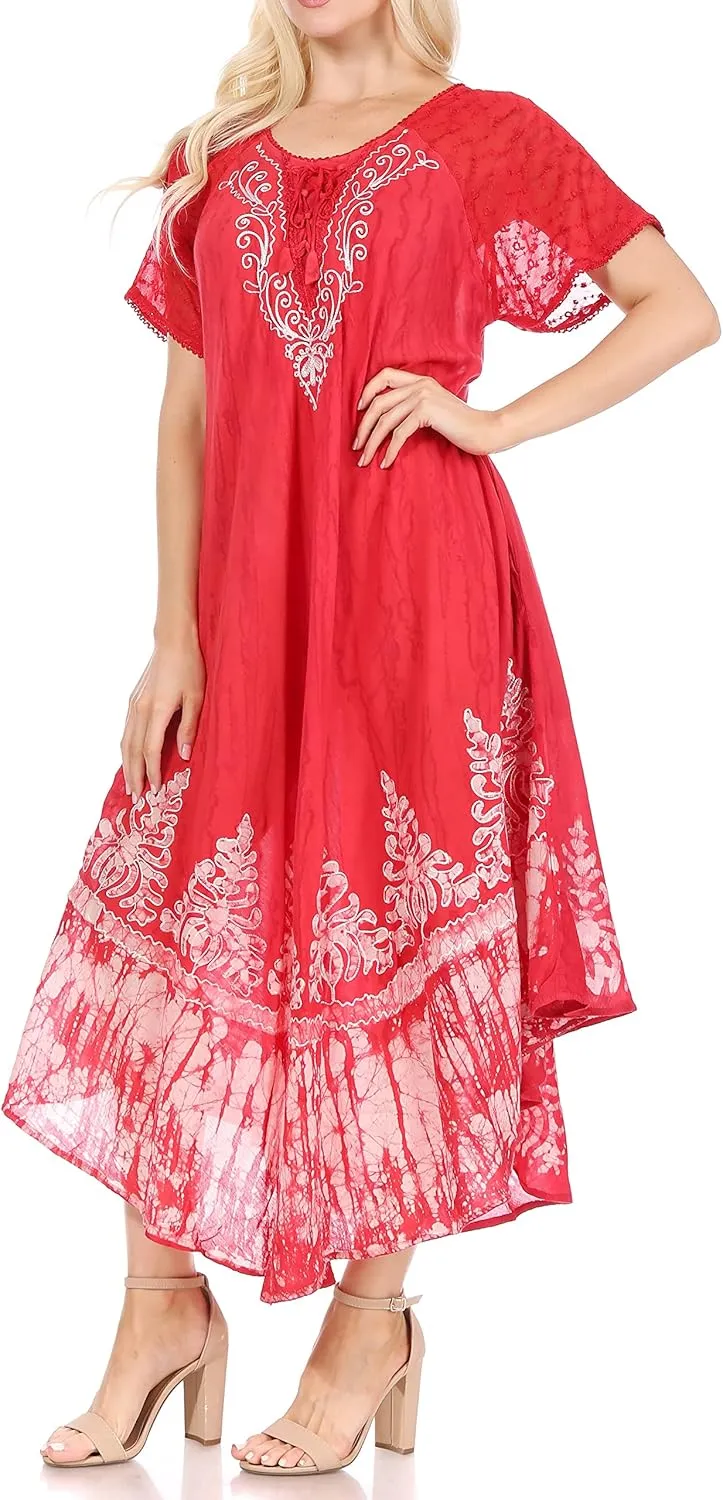 Sakkas Ronny Lace Embroidered Cap Sleeve Tie Dye Wash Caftan Dress/Cover Up