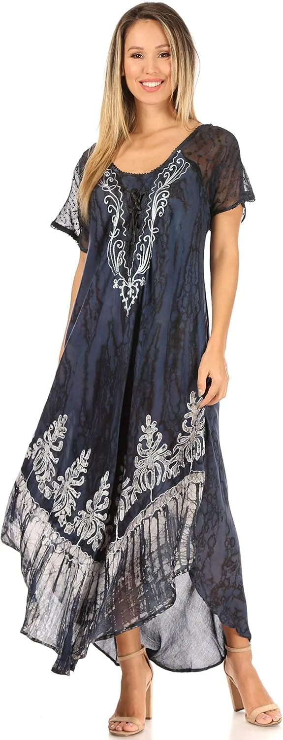 Sakkas Ronny Lace Embroidered Cap Sleeve Tie Dye Wash Caftan Dress/Cover Up