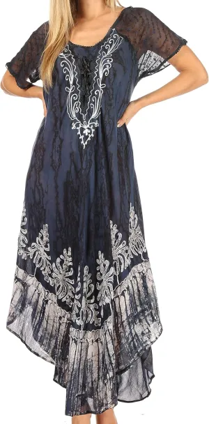 Sakkas Ronny Lace Embroidered Cap Sleeve Tie Dye Wash Caftan Dress/Cover Up