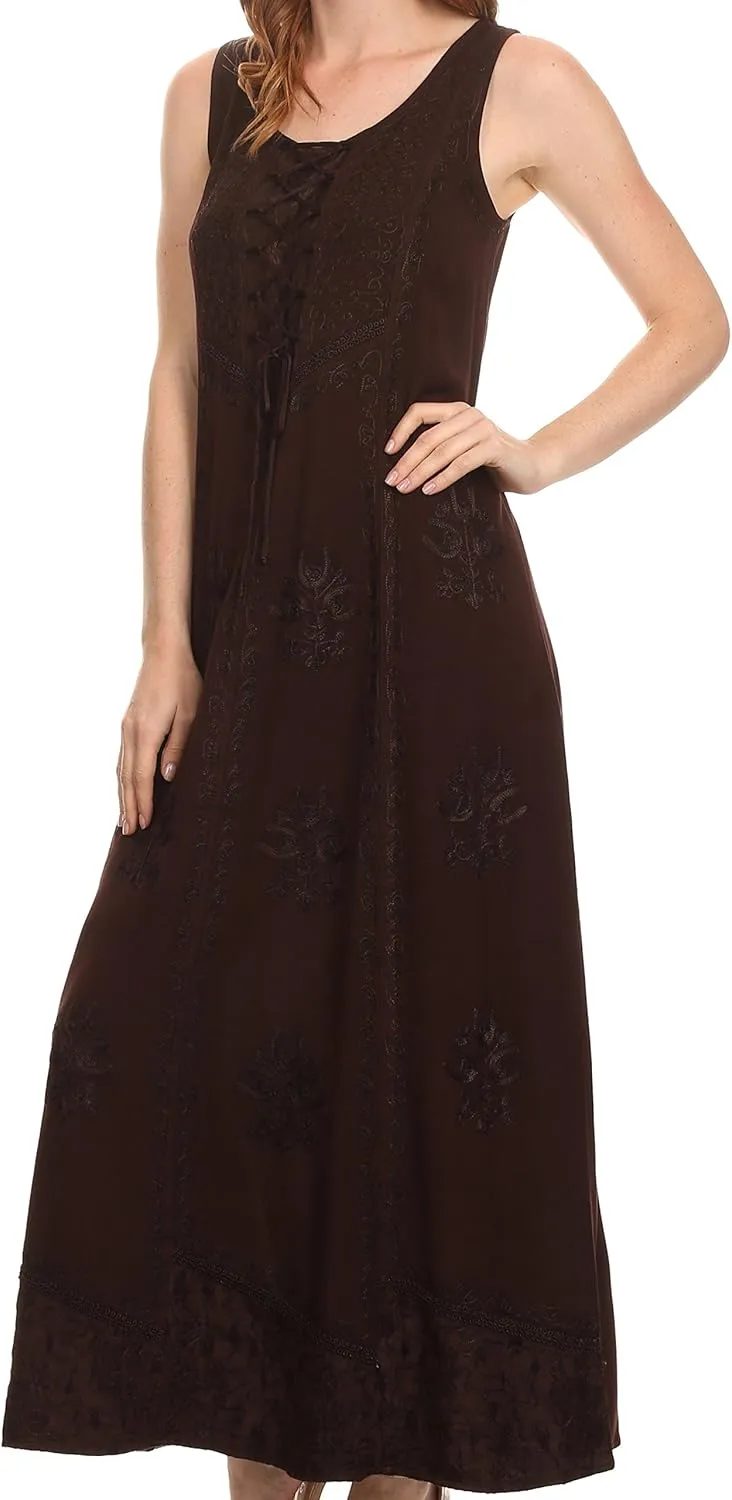 Sakkas Stella Long Tank Top Adjustable Caftan Corset Dress with Embroidery