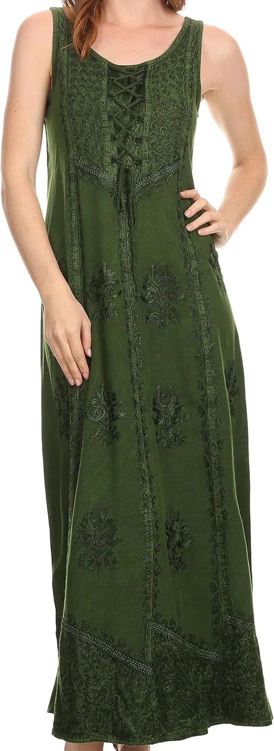 Sakkas Stella Long Tank Top Adjustable Caftan Corset Dress with Embroidery