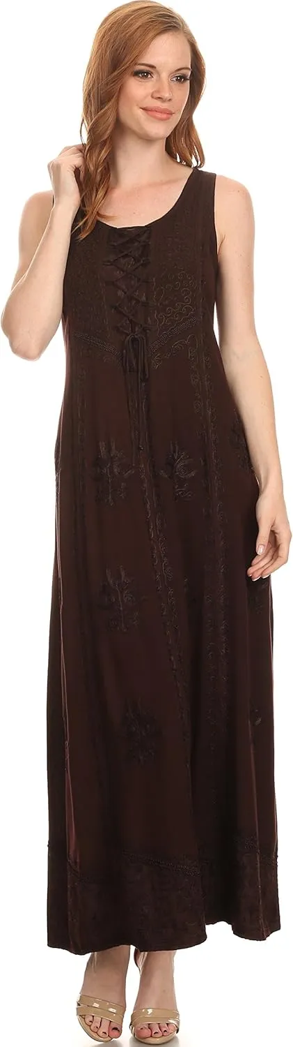 Sakkas Stella Long Tank Top Adjustable Caftan Corset Dress with Embroidery