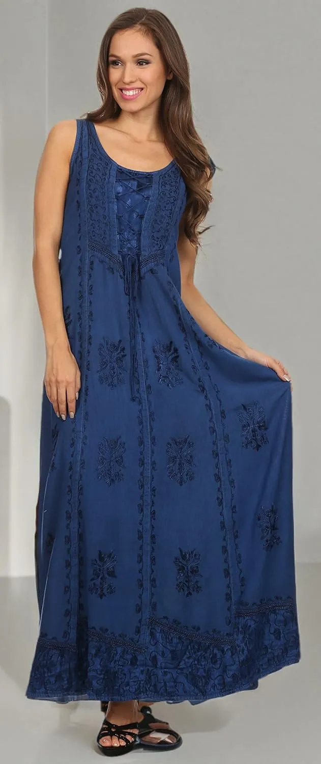 Sakkas Stella Long Tank Top Adjustable Caftan Corset Dress with Embroidery