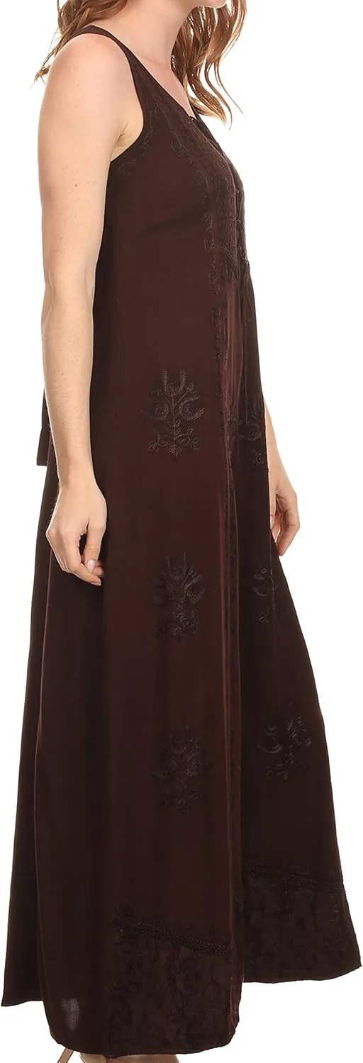 Sakkas Stella Long Tank Top Adjustable Caftan Corset Dress with Embroidery