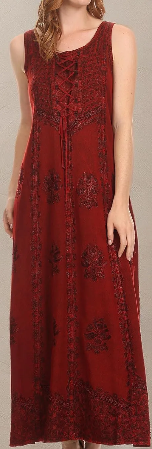 Sakkas Stella Long Tank Top Adjustable Caftan Corset Dress with Embroidery