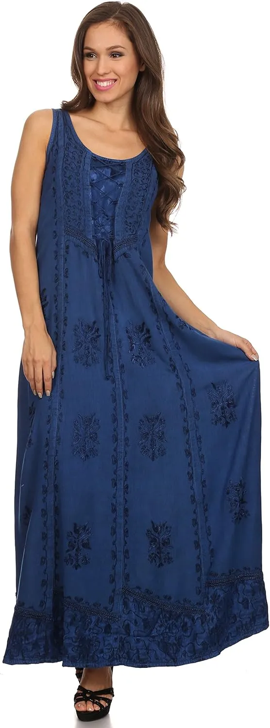 Sakkas Stella Long Tank Top Adjustable Caftan Corset Dress with Embroidery