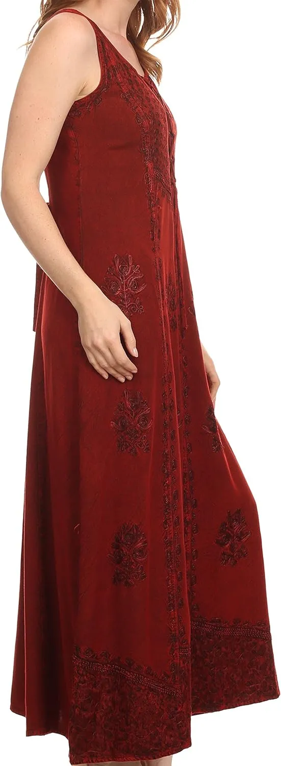 Sakkas Stella Long Tank Top Adjustable Caftan Corset Dress with Embroidery