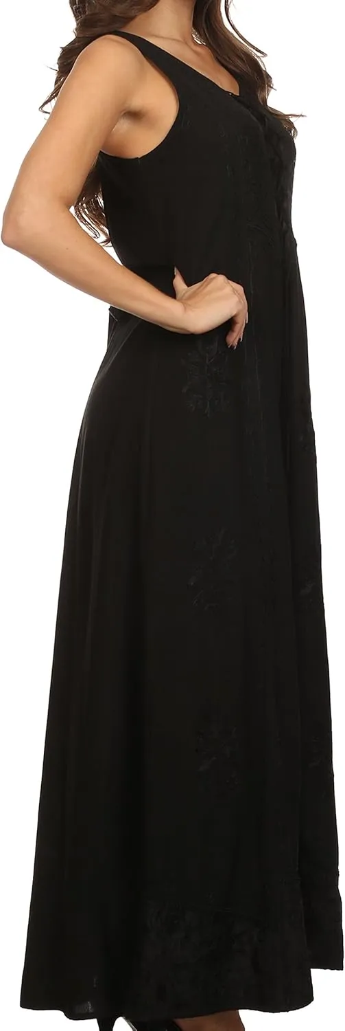 Sakkas Stella Long Tank Top Adjustable Caftan Corset Dress with Embroidery