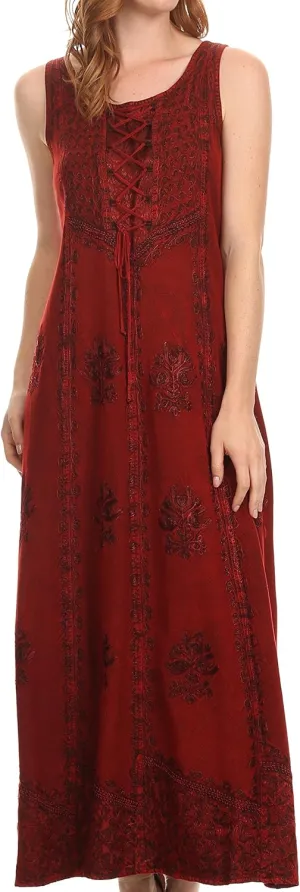 Sakkas Stella Long Tank Top Adjustable Caftan Corset Dress with Embroidery