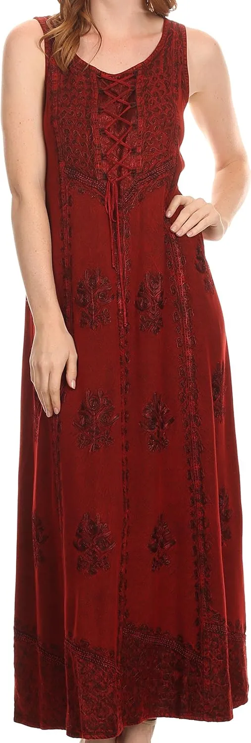 Sakkas Stella Long Tank Top Adjustable Caftan Corset Dress with Embroidery