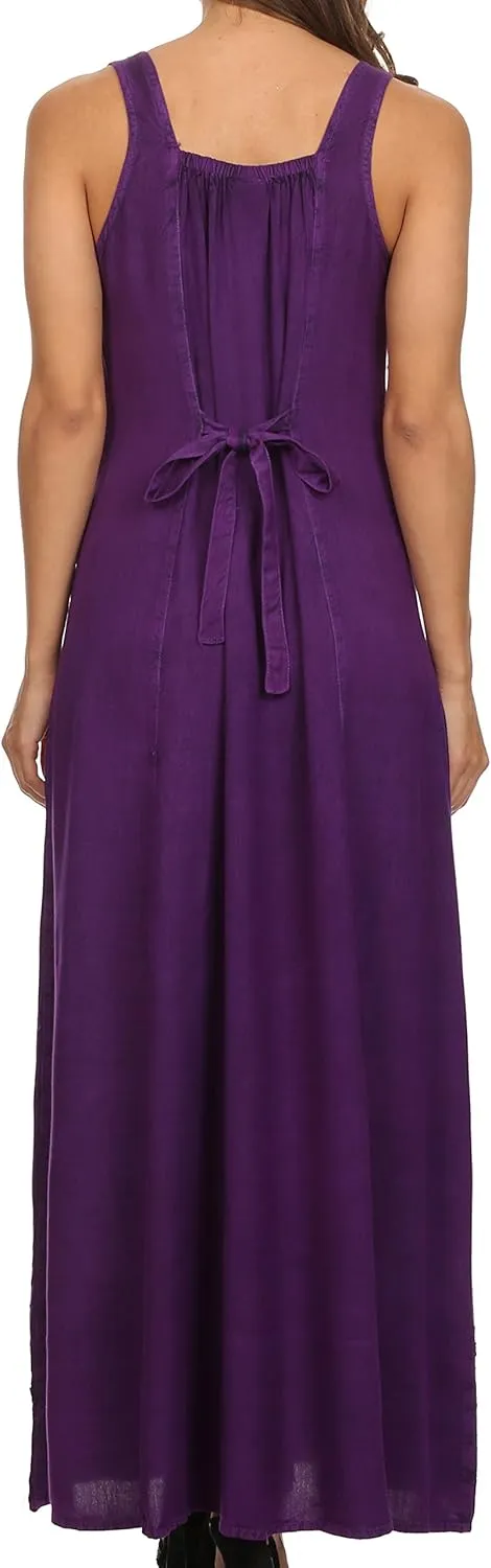 Sakkas Stella Long Tank Top Adjustable Caftan Corset Dress with Embroidery