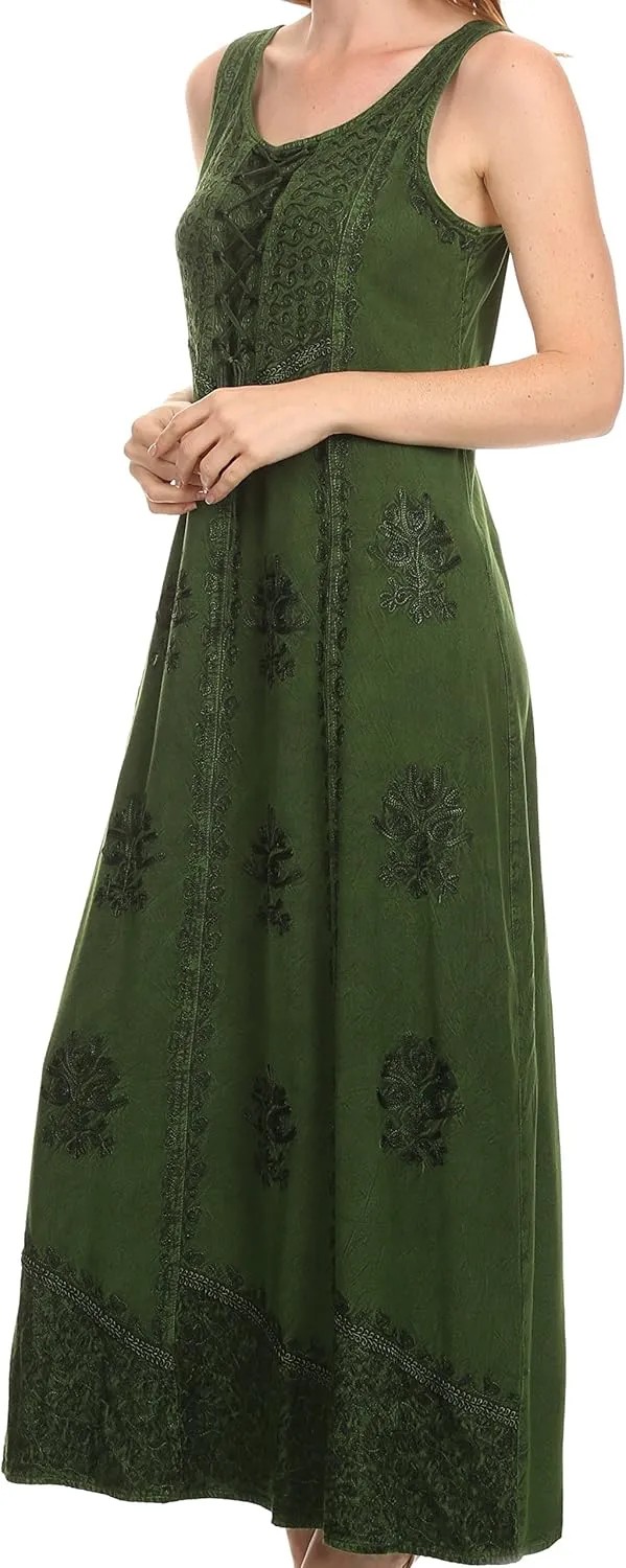 Sakkas Stella Long Tank Top Adjustable Caftan Corset Dress with Embroidery