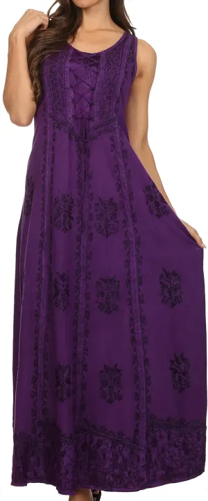 Sakkas Stella Long Tank Top Adjustable Caftan Corset Dress with Embroidery