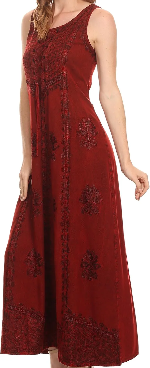 Sakkas Stella Long Tank Top Adjustable Caftan Corset Dress with Embroidery
