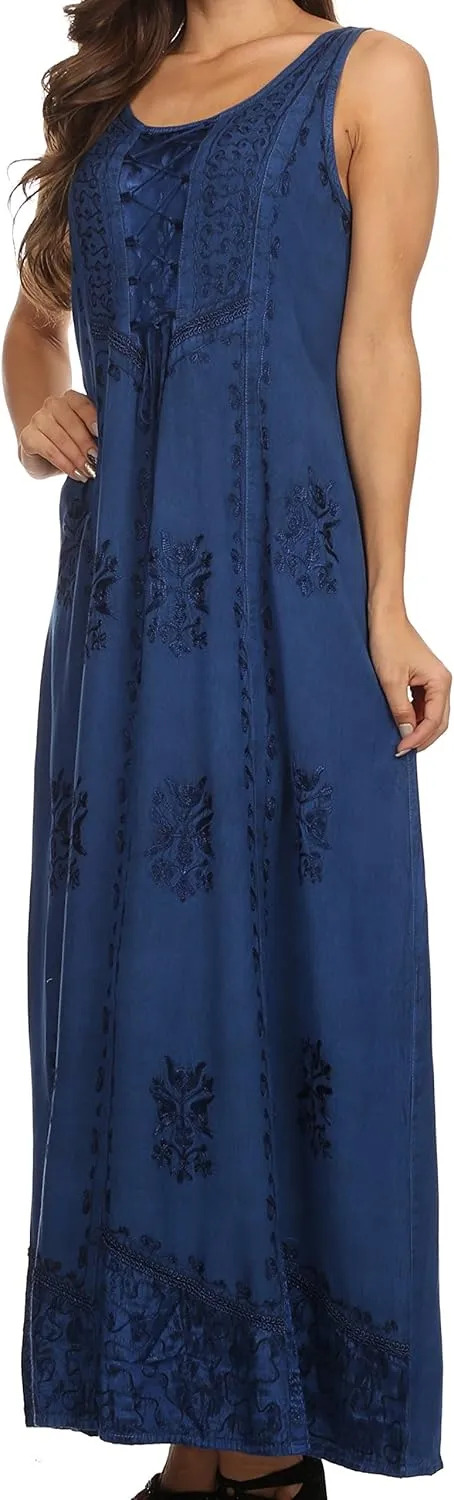Sakkas Stella Long Tank Top Adjustable Caftan Corset Dress with Embroidery